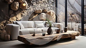 Interior of modern cozy living room with rustic decor in luxury villa. Stylish comfortable sofa, rough wooden coffee