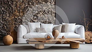 Interior of modern cozy living room with rustic decor in luxury villa. Stylish comfortable sofa, rough wooden coffee