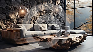 Interior of modern cozy living room with rustic decor in luxury villa. Stylish comfortable sofa, rough wooden coffee