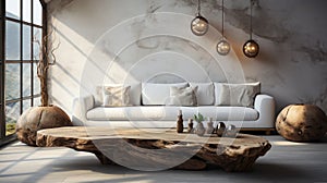 Interior of modern cozy living room with rustic decor in luxury villa. Stylish comfortable sofa, rough wooden coffee