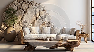 Interior of modern cozy living room with rustic decor in luxury villa. Stylish comfortable sofa, rough wooden coffee
