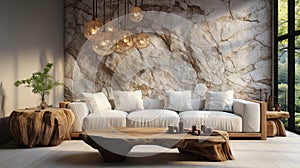 Interior of modern cozy living room with rustic decor in luxury villa. Stylish sofa, rough wooden coffee table