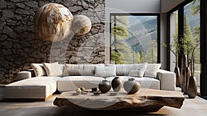 Interior of modern cozy living room with rustic decor in luxury villa. Stylish sofa, rough wooden coffee table, vases