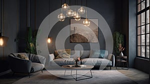 Interior of modern cozy living room. Stylish sofa with pillows, armchair, coffee table, plants in floor pots, poster on