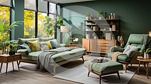 Interior of modern cozy scandi living room in green tones. Stylish couch and armchair, coffee table, commode, wall