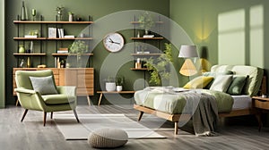 Interior of modern cozy scandi living room in green tones. Stylish couch and armchair, commode, bookshelves, houseplants