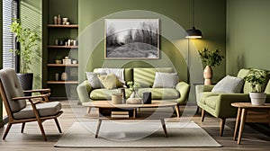 Interior of modern cozy scandi living room in green tones. Stylish couches and armchair, wooden coffee table, poster on