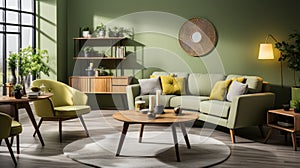 Interior of modern cozy scandi living room in green tones. Stylish sofa and armchair, coffee table, commode, wall