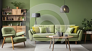 Interior of modern cozy scandi living room in green tones. Stylish sofa and armchair, coffee table, commode, wall