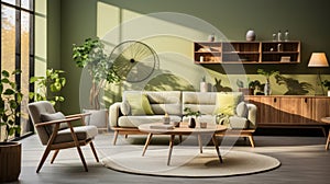 Interior of modern cozy scandi living room in green tones. Stylish sofa and armchair, wooden coffee table, carpet