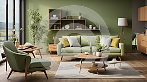 Interior of modern cozy scandi living room in green tones. Stylish sofa and armchair, wooden coffee table, carpet, wall