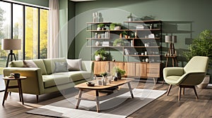 Interior of modern cozy scandi living room in green tones. Stylish sofa and armchair, wooden coffee table, carpet, wall