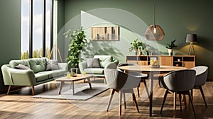 Interior of modern cozy scandi living room in green tones. Stylish sofa and armchair, wooden dining table and chairs