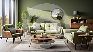 Interior of modern cozy scandi living room in green tones. Stylish sofas and armchair, coffee table, commode, wall
