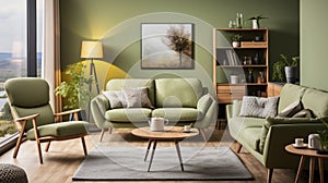 Interior of modern cozy scandi living room in green tones. Stylish sofas and armchair, wooden coffee table, carpet