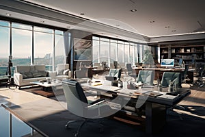 Interior of modern cozy spacious office. Large tables with desktop computers, comfortable chairs, chillout area with