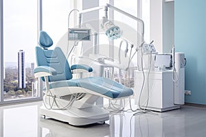 Interior of modern dental clinic with blue chair and equipment. 3d rendering, Dentist chair in the dental office. Dentistry