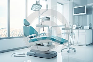 Interior of modern dental office with blue chair and equipment. 3d rendering, A dentist chair in the dental office, Dentistry