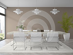 Interior of modern design dining room with palm 3D rendering