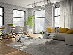 Interior of modern design room with grey wallpaper 3D rendering