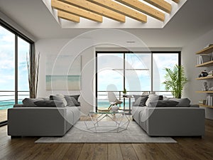 Interior of modern design room with sea view 3D rendering