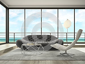 Interior of modern design room with sea view 3D rendering