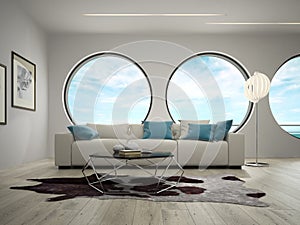 Interior of modern design room with sea view 3D rendering