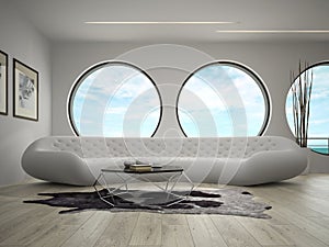 Interior of modern design room with sea view 3D rendering