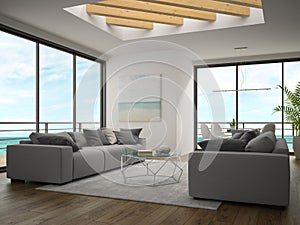 Interior of modern design room with sea view 3D rendering