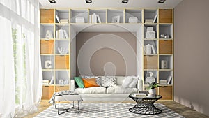 Interior of modern design room with shelf wall 3D rendering