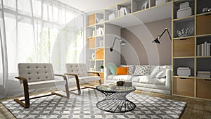 Interior of modern design room with two white armchair 3D render