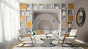 Interior of modern design room with two white armchair 3D render