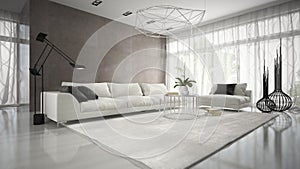 Da progetto bianco divano  un'immagine tridimensionale creata utilizzando un modello computerizzato 