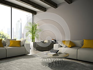 Interior of modern design room with white couch 3D rendering