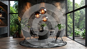 Interior of modern dining room with black walls, wooden floor, round table and round mirror