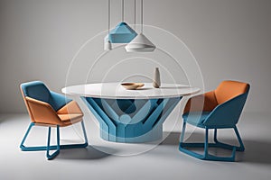 Interior of modern dining room with blue and orange armchairs and round table. generative ai