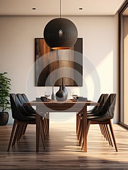 Interior of modern dining room, dining table and wooden chairs. Home design. 3d rendering