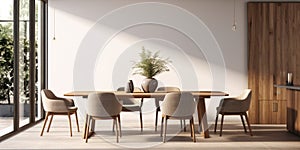 Interior of modern dining room, dining table and wooden chairs. Home design. 3d rendering