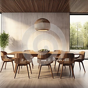 Interior of modern dining room, dining table and wooden chairs. Home design. 3d rendering