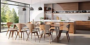Interior of modern dining room or kitchen, wooden kitchen island and chairs. Home design. 3d rendering