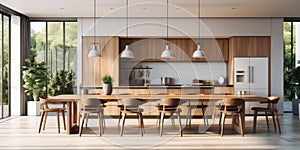 Interior of modern dining room or kitchen, wooden kitchen island and chairs. Home design. 3d rendering