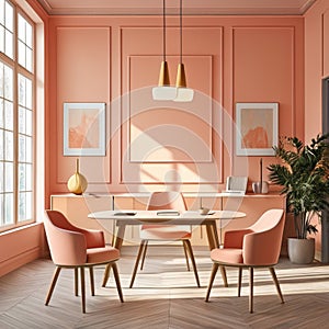 Interior of modern dining room with pink walls, wooden floor, orange armchairs and round table with lamp. 3d rendering