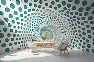 Interior of modern dining room with round table and chairs. generative ai
