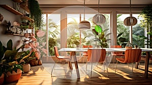 Interior of modern dining room with tropical plants.