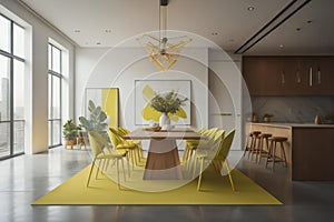 Interior of modern dining room with white walls, concrete floor, yellow and wooden cupboards, round table with yellow chairs and