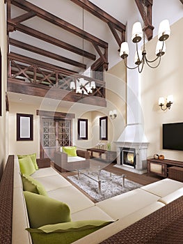 The interior is modern English style with a fireplace. High ceilings with wooden beams