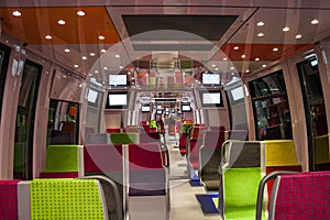 Interior of a modern european economy class fast train interior.