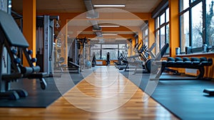 Interior of modern fitness gym. Wide range of equipment: treadmills, exercise bikes, weight machines. Bright spacious