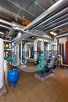 The interior of a modern gas boiler house with pumps, valves, a