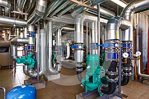 The interior of a modern gas boiler house with pumps, valves, a